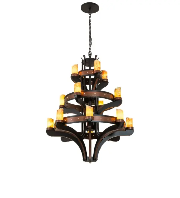 Rich charm and grand, styled elegance come to light with the enchanting Castilla chandelier, designed as a dramatic centerpiece for foyers, lobbies, and other large spaces in residential, hospitality, and commercial settings. The 3-tier fixture features 16 Light Green and White Jadestone Cylindre shades on exquisite faux candlelights, perched on bobeches with Hand-forged Iron hardware in Textured Black, Champagne, and Mahogany Bronze finishes. The overall height of this stunning fixture ranges from 67 to 252 inches, as the chain length can be easily adjusted in the field to accommodate your lighting application needs. The Castilla Chandelier is part of the American- made, American-designed, handcrafted Gothic Lighting Collection, manufactured in Yorkville, New York. The fixture is UL and cUL listed for dry and damp locations. Collection: Castilla Finish: Text Black/C-Mahog/Champagne Glass: Light Green Width: 48.00" Height: 67.00" Length: 48.00" Weight: 174.00 lb Number of Bulbs: 16 Maximum Wattage: 60.00 W Bulb Type: B10 Bulb Base: E12 Material: Steel Country of Origin: USA Safety Rating: Damp