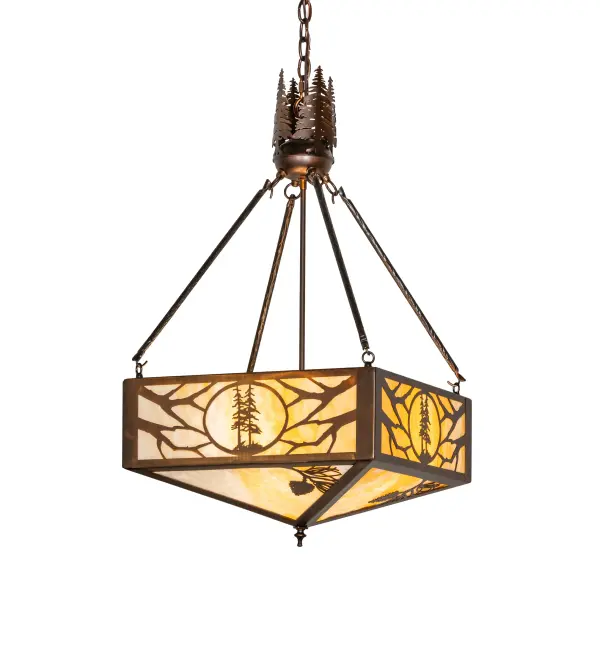 A peek-a-boo cameo of twin Balsam Pine Trees is captured beautifully and dramatically on this magnificent art glass ceiling fixture. The border panels also feature Pine Branches flanked on each side in a handsome Vintage Copper finish; with a stunning Beige Art Glass sky background. The bottom diffusers feature four Beige Iridescent Glass panels; each accented with charming Pinecones and Pine Needles. At the top of the fixture is a hub crowned by a small carousel of metal Balsam Pine silhouettes. The fixture is ideal for illuminating fine baths; hallways; and other residential; hospitality; and commercial spaces. The Balsam Pine Inverted Pendant is included in our American-made; American-designed; handcrafted Nature Inspired Lighting Collection and manufactured in Yorkville; New York. UL and cUL listed for dry and damp locations. Upstate New York's adventurous playland; known as the Adirondack Mountains; with its many breathtaking forests; lakes; and rivers; is the spiritual birthplace of Meyda and inspires our rustic-themed collections.