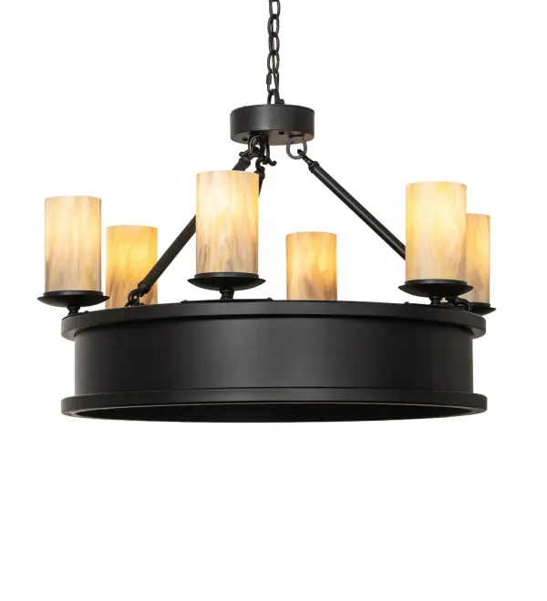 Bosa combines a rich charm and artistic look in this elegant lighting design. This stunning ceiling fixture is adorned with six exquisite Sahara Taupe Idalight Cylindre elements perched on bobeches. The fixture is enhanced with sturdy hardware in Black Satin Wrought Iron and is ideal for entryways, dining areas, lobbies, and other rooms in various residential and commercial settings. The overall height ranges from 28 to 63 inches, as the chain length can be easily adjusted on location to accommodate your specific lighting application needs. The Bosa 6 Light Pendant is included in our American-made, American-designed, handcrafted Gothic Lighting Collection and is manufactured in Yorkville, New York. The fixture is UL and cUL listed for dry and damp locations. Collection: Bosa Finish: Black Satin Wrought Iron Glass: Sahara Taupe Idalight Width: 34.00" Height: 28.00" Length: 34.00" Weight: 43.00 lb Number of Bulbs: 6 Maximum Wattage: 40.00 W Bulb Type: BA9 Bulb Base: E12 Material: Steel Country of Origin: USA Safety Rating: Damp