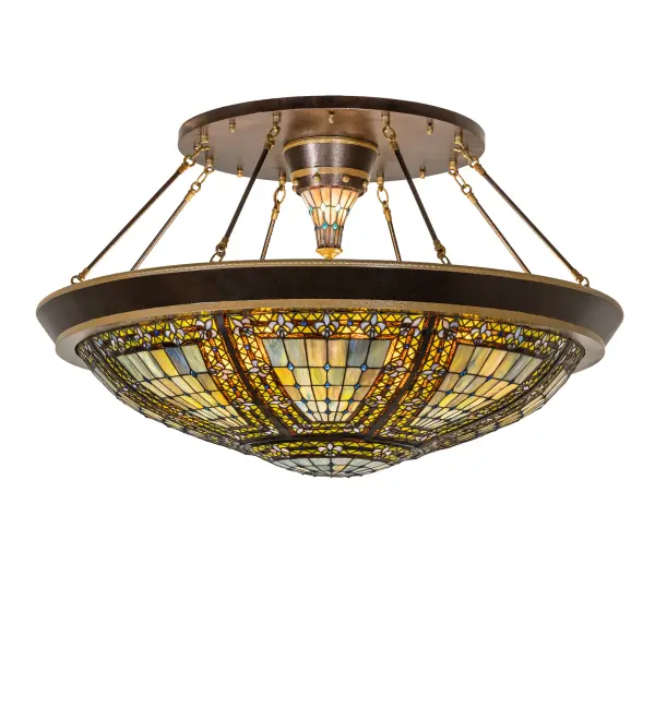 Every Meyda Tiffany item is a unique handcrafted work of art. Natural variations in the wide array of materials that we use to create each Meyda product make every item a masterpiece of its own. Photographs are a general representation of the product. Colors and designs will vary. Collection: Fleur-De-Lis Finish: Copper Vein & Nu Gold Glass: Stained Glass Width: 45.00" Height: 24.00" Length: 45.00" Weight: 65.00 lb Number of Bulbs: 8 Maximum Wattage: 60.00 W Bulb Type: A19 Bulb Base: E26 Material: Steel Country of Origin: CHINA Safety Rating: Damp
