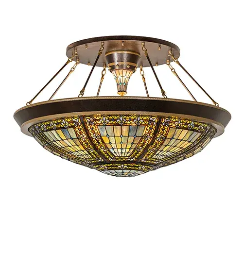 Every Meyda Tiffany item is a unique handcrafted work of art. Natural variations in the wide array of materials that we use to create each Meyda product make every item a masterpiece of its own. Photographs are a general representation of the product. Colors and designs will vary. Collection: Fleur-De-Lis Finish: Copper Vein & Nu Gold Glass: Stained Glass Width: 45.00" Height: 24.00" Length: 45.00" Weight: 65.00 lb Number of Bulbs: 8 Maximum Wattage: 60.00 W Bulb Type: A19 Bulb Base: E26 Material: Steel Country of Origin: CHINA Safety Rating: Damp - alternate view