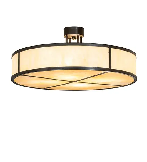 This ceiling fixture features a Sahara Taupe Idalight shade with a matching bottom diffuser and a cross style design. Hardware is finished in Statuary Bronze Metallic. Ideal for hallways; entryways; and residential and hospitality spaces. Included in our American-made; American-designed; handcrafted Transitional Lighting Collection and manufactured in Yorkville; New York. UL and cUL listed for dry and damp locations. - alternate view