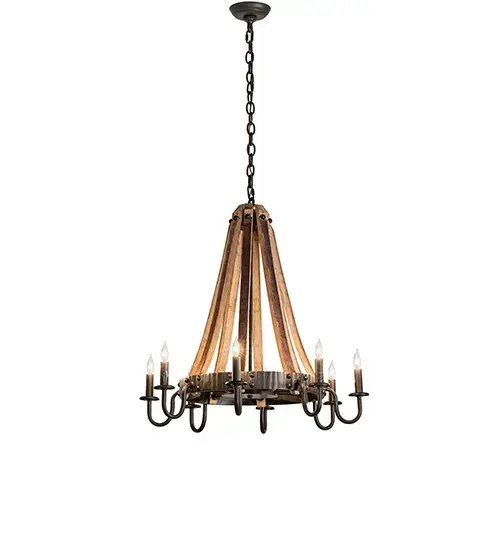 Elegant, luxurious charm blends with natural, rustic beauty. This extraordinary chandelier is inspired by antique staves traditionally bound by metal hoops used to construct beer and whisky barrels and wine casks. Stunning Hammered Oil Rubbed Bronze finished bands and curved arms with bobeches embrace eight Ivory faux candlelights. This stunning chandelier is ideal for providing beautiful ambient lighting and opulence in residential and hospitality spaces in St. Augustine, Florida, Milwaukee, Wisconsin, and San Diego, California. The overall height ranges from 31 to 78 inches, as the chain can be adjusted in the field to meet your precise lighting requirements. The Barrel Stave Metallo 8 Light Chandelier is included in our American-made, American-designed, handcrafted Contemporary Rustic Collection and manufactured in Yorkville, New York. UL and cUL listed for dry and damp locations. Collection: Barrel Stave Finish: Oil Rubbed Bronze Width: 27.00" Height: 31.00" Length: 27.00" Weight: 28.00 lb Number of Bulbs: 8 Maximum Wattage: 40.00 W Bulb Type: BA9 Bulb Base: E12 Material: Steel/Wood Country of Origin: USA Safety Rating: Damp - alternate view