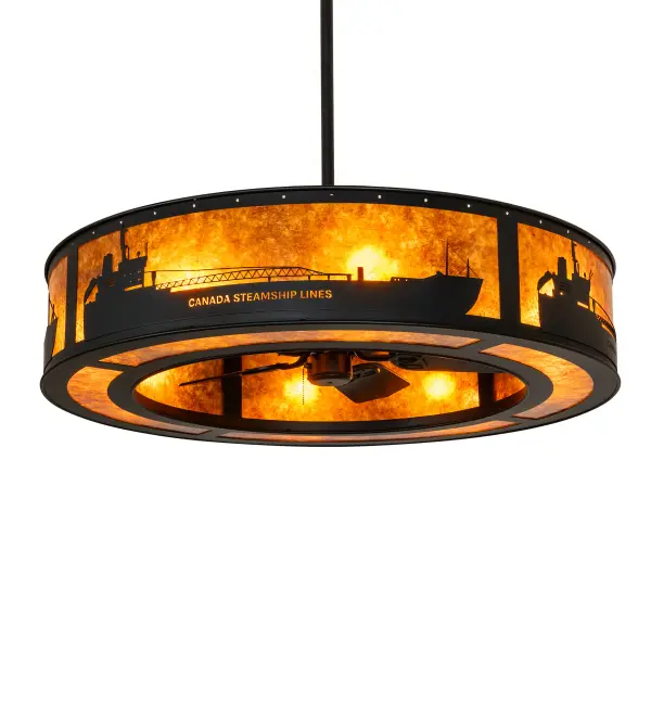 This Fan-Integrated Light Fixture features the Canada Steamship Lines name; finished in Solar Black; on an Amber Mica diffuser background. This energy-saving Chandel-Air creates a wind chill to keep the space cool in the summer; and is reversed in the winter to push down hot air and maintain warmth. The Personalized Canada Steamship Lines Chandel-Air is featured in our American-made; American-designed; handcrafted Personalized Lighting Collection. The fixture is UL and cUL listed for dry and damp locations. Call us today; and we will add your business name; logo; and unique selling proposition to a personalized fan-integrated lighting fixture for your next project.