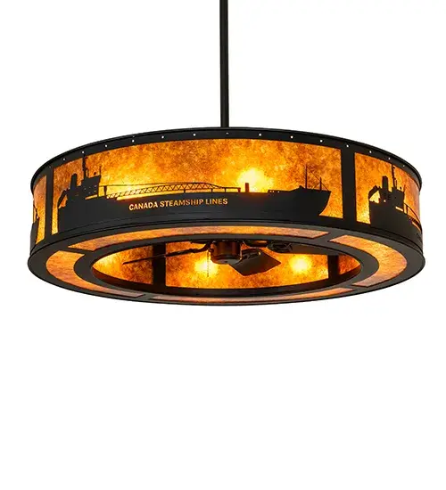 This Fan-Integrated Light Fixture features the Canada Steamship Lines name; finished in Solar Black; on an Amber Mica diffuser background. This energy-saving Chandel-Air creates a wind chill to keep the space cool in the summer; and is reversed in the winter to push down hot air and maintain warmth. The Personalized Canada Steamship Lines Chandel-Air is featured in our American-made; American-designed; handcrafted Personalized Lighting Collection. The fixture is UL and cUL listed for dry and damp locations. Call us today; and we will add your business name; logo; and unique selling proposition to a personalized fan-integrated lighting fixture for your next project. - alternate view