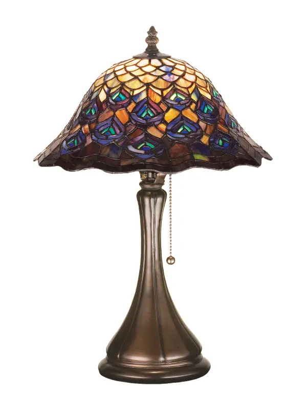 As distinctive as a beautiful Peacock's feathers; no two shades will ever be the same as their individuality can be as remarkably unique as their personality. This artistic creation utilizes swirling opalescent art glass background combinations including Beige Amber; Yellow Pinks; Red Purples; Golden Blues and Greens; Ivories; Bluish Whites; Turquoise Blues; Periwinkle; Olive and Spring Greens; Pale Yellow; Amethyst; Emerald and Topaz. The eye of the plumage design reveals Purples; Pastel Blues; Teals; Cobalt and Ivories. Individual pieces of glass are hand cut and wrapped using Meyda Tiffany's famous copperfoil construction. Each shade is a unique work of art with color variations based on natural ingredients inherent in the glass. Mahogany Bronze finish.