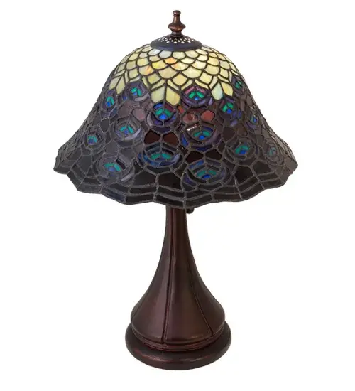 As distinctive as a beautiful Peacock's feathers; no two shades will ever be the same as their individuality can be as remarkably unique as their personality. This artistic creation utilizes swirling opalescent art glass background combinations including Beige Amber; Yellow Pinks; Red Purples; Golden Blues and Greens; Ivories; Bluish Whites; Turquoise Blues; Periwinkle; Olive and Spring Greens; Pale Yellow; Amethyst; Emerald and Topaz. The eye of the plumage design reveals Purples; Pastel Blues; Teals; Cobalt and Ivories. Individual pieces of glass are hand cut and wrapped using Meyda Tiffany's famous copperfoil construction. Each shade is a unique work of art with color variations based on natural ingredients inherent in the glass. Mahogany Bronze finish. - alternate view