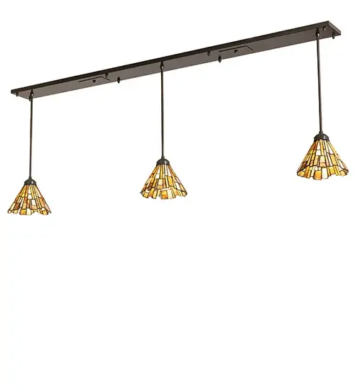 A stunning ceiling fixture features three thinly carved and polished natural Jadestone shades in earthy tones of Moss Green; Tan; Ivory; and Coral; with tile-pattern motifs. The stone shades are crafted using the same famous Meyda copper foil process used to create popular Tiffany-style stained glass shades. The fixture features a Timeless Bronze finish. This ceiling fixture is an excellent fit above islands; tables; and counters in residential; hospitality; and commercial settings. The overall height ranges from 23 to 25 inches; as the suspension stems can be adjusted on location. The Delta Jadestone Island Pendant is featured in our American-made; handcrafted Jadestone Collection. The fixture is UL and cUL listed for dry and damp locations. Each shade is a unique work of art; with color variations derived from the natural ingredients inherent in the Jadestone. - alternate view