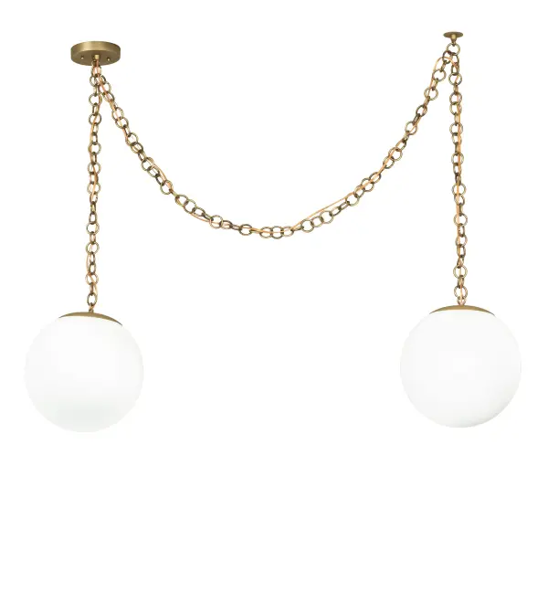 This stunning Brass Chandelier features two White Glass globes suspended and illuminated at various heights. The fixture is enhanced with a Brushed Brass finish. The pendant features a single power canopy concentric to the junction box and a swag bracket that can be positioned at any point along the chain. The chain for the swag side of the pendant measures 108 inches in length. Both chains can be cut to length during the installation; and more chain can be specified upon request. The colors for the metal finish; the type of chain used; and the cord colors can all be customized upon request. The Castiliolite Bola Swag Pendant is featured in our American-made; American-designed Contemporary Lighting Collection and is manufactured in Yorkville; New York. UL and cUL listed for dry and damp locations.