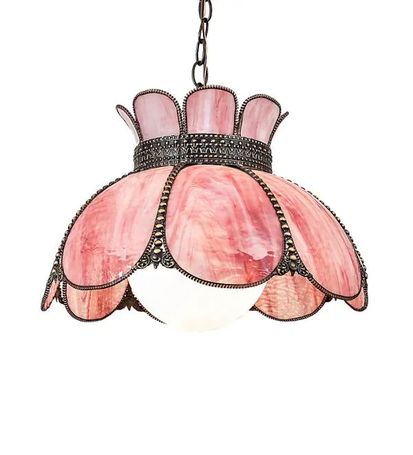 Embrace the timeless look of this classic art glass lighting design. Annabelle features a Hand-Bent Pink Wispy Ripple Glass Shade with Brass filigree featured in a Highlighted Craftsman Brown finish to reveal an eye-catching dimensional look. The pendant has an overall height ranging from 15 to 50 inches, as the chain can be easily adjusted on location. It is perfect as a centerpiece for a dining room or entryway area in residential and restaurant locations. The Anabelle Pendant is featured in our American-made, American-designed, handcrafted Quality Bent Glass Lighting Collection and is manufactured in Yorkville, NY. UL and cUL listed for dry and damp locations. Our Quality Bent Glass division is over 100 years in the making and still creating timeless masterpieces using original tools and techniques from the days when we supplied Louis Comfort Tiffany Studios. Quality Bent Glass originally revolutionized the manufacturing process for high-temperature glass formation by custom-building production capacity, glass-forming ovens, and kilns. We are one of the only remaining manufacturers of bent glass lighting and take pride in this rich heritage and expertise. Collection: Anabelle Finish: Hi-Lited Craftsman Brown Antique Copper Glass: Pink Ripple Art Glass Width: 18.00" Height: 15.00" Length: 18.00" Weight: 8.00 lb Number of Bulbs: 1 Maximum Wattage: 60.00 W Bulb Type: A19 Bulb Base: E26 Material: Steel/Brass Country of Origin: CHINA Safety Rating: Damp