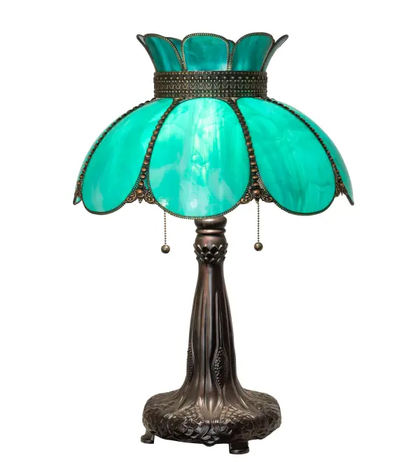 Embrace the timeless look of this classic art glass lighting design. Annabelle features a Hand-Bent Teal Art Glass Shade with Brass filigree and a decorative table base offered in a Highlighted Craftsman Brown finish to reveal an eye-catching dimensional look. The table lamp is perfect as an accent piece in a picture window and on desks and credenzas. It turns on and off with two traditional pull chains. The Anabelle Table Lamp is included in our American-made, American-designed, handcrafted Quality Bent Glass Lighting Collection and is manufactured in Yorkville, NY. It is UL and cUL listed for dry locations. Our Quality Bent Glass division is over 100 years in the making and still creating timeless masterpieces using original tools and techniques from the days when we supplied Louis Comfort Tiffany Studios. Quality Bent Glass originally revolutionized the manufacturing process for high-temperature glass formation by custom-building production capacity, glass-forming ovens, and kilns. We are one of the only remaining manufacturers of bent glass lighting and take pride in this rich heritage and expertise. Collection: Annabelle Finish: Highlighted Craftsman Brown Mahogany Bronze Glass: Teal Glass Width: 18.00" Height: 25.00" Length: 18.00" Weight: 8.50 lb Number of Bulbs: 2 Maximum Wattage: 60.00 W Bulb Type: A19 Bulb Base: E26 Material: Zinc Country of Origin: USA Safety Rating: Dry
