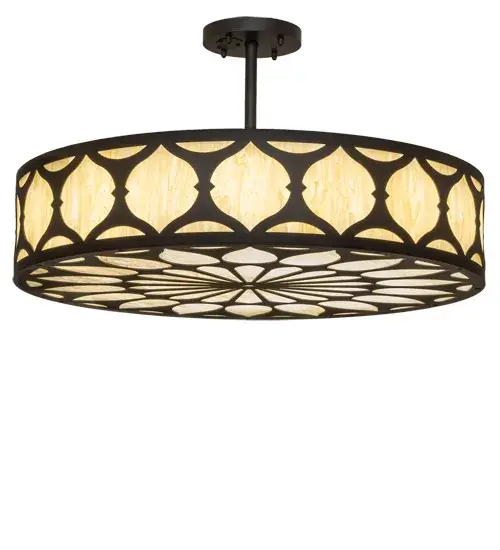 Behold a delightful visual symphony of floral and geometric motifs in Creme Carrare Idalight on the side panels and bottom diffuser of this exquisite ceiling fixture. The Lorea fixture features decorative accents and hardware offered in an Oil Rubbed Bronze finish. It is ideal for illuminating living rooms and dining spaces in fine homes. The Lorea Semi-Flush Mount is featured in our American-made; American-designed; handcrafted Art Deco Lighting Collection; manufactured in Yorkville; New York. It is UL and cUL listed for dry and damp locations. - alternate view