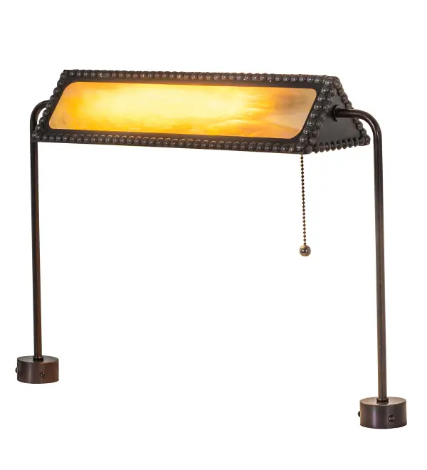 Form meets function. The diffuser features a Beige Iridescent Glass lens; enhanced with hardware; a frame; and a twin-footed base offered in a Craftsman Brown finish. The handsome lighting fixture fastens to a church pulpit or lectern while providing functional illumination for reading or speechmaking. The Morris Church Pulpit Light is part of our American-made; American-designed; handcrafted Inspirational Lighting Collection. The lamp is manufactured in Yorkville; New York; and is UL and cUL listed for dry locations. The fixture is featured in the Morris United Methodist Church of Upper New York; which is located in Morris; New York.