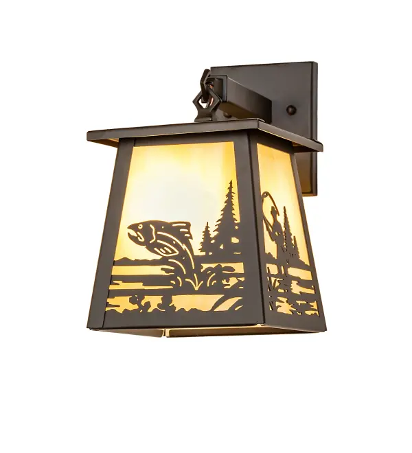 Fishing enthusiasts will delight in casting their lines for this striking lighting design; which features a Rainbow Trout leaping out of the lake as the late-morning sun rises. Soft ambient light projects through a Beige Art Glass shade; enhanced by an Oil Rubbed Bronze-finished frame and hardware. It is ideal for placement in hallways and dining areas; creating a beautiful design statement for log homes; timber-frame homes; and other residential and hospitality spaces. The Fly Fisherman Wall Sconce is included in our American-made; American-designed; handcrafted Sportsman Collection and manufactured in Yorkville; New York. UL and cUL listed for dry and damp locations. Upstate New York's adventurous playland; known as the Adirondack Mountains; with its many breathtaking forests; lakes; and rivers; is the spiritual birthplace of Meyda and inspires our rustic-themed collections.