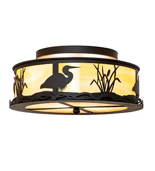 The Heron is recognized for its calm; stability; and fluidity; and this stunning fixture features the long-necked wading bird with a solid profile; finished in Oil-Rubbed Bronze. The delicate design is highlighted by a stunning Beige Art Glass lens. The fixture is ideal for illuminating hallways and dining areas in residential and hospitality locations. The Heron Flush Mount is featured in our American-made; American-designed; handcrafted Wildlife Collection and is manufactured in Yorkville; New York. UL and cUL listed for dry and damp locations. - alternate view