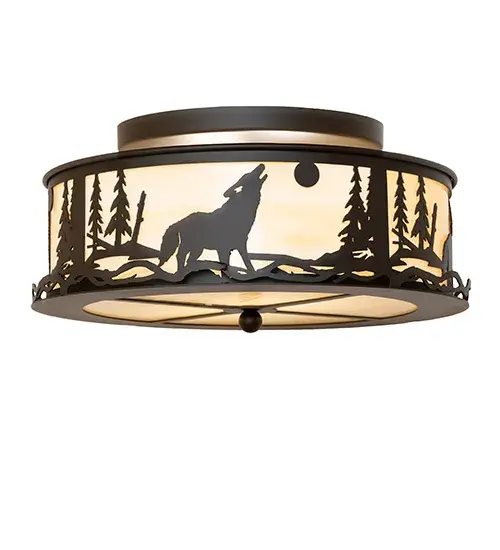 Rustic charm is captured beautifully with a Lone Wolf howling at the brilliant Moon over the mountains; as depicted in this natural wildlife-inspired ceiling fixture. Soft ambient light projects through a stunning Beige Art Glass lens; complemented by a frame and hardware in an Oil-Rubbed Bronze finish. Perfect as a ceiling sconce to illuminate hallways; living rooms; and other spaces in timber frame homes; camps; and lodges. The Wolf on the Loose Flush Mount is featured in our American-made; American-designed; handcrafted Wildlife Lighting Collection and manufactured in Yorkville; New York. UL and cUL listed for dry and damp locations. Upstate New York's adventurous playland; known as the Adirondack Mountains; with its many breathtaking forests; lakes; and rivers; is the spiritual birthplace of Meyda and inspires our rustic-themed art glass collections. - alternate view