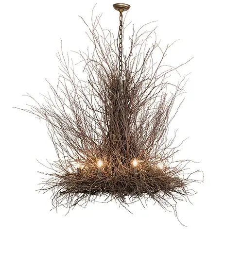 Meyda artisanship embraces Mother Nature. Eight Ivory faux candlelights appear to bud and grow from authentic twigs that are locally hand selected and sustainably harvested. Natural materials are hand woven around a rugged metal frame with an Antique Copper finish. The overall height ranges from 43 to 60 inches; as the chain adjusts in the field. The Twigs Chandelier is included in our American-made; American-designed; handcrafted Mountain Harvest Collection and is manufactured in Yorkville; New York. UL and cUL listed for dry and damp locations. - alternate view