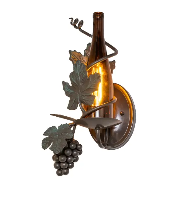 Capture the mood with authentic wine bottle lighting. This wall fixture does so much more than deliver light, it adds personality and pizazz to any interior. Hand-forged vine, sculpted metal grapes, and leaf coil are hand-finished in Exterior Oil Rubbed Bronze and designed to complement the neck of this stunning Amber Glass wine bottle, which illuminates beautifully. This wall fixture is ideal for homes, restaurants, hotels, pubs, nightclubs, wineries, and retail establishments. Connoisseurs will appreciate its fine detail and charm. This fixture is complemented by the matching Tuscan Vineyard Wine Bottle Right Wall Sconce, model 286186. This rich- looking Tuscan Vineyard Wine Bottle Right Wall Sconce is included in our American-made, American-designed, handcrafted Wine Bottle Lighting Collection. The fixture is manufactured in Yorkville, New York. UL and cUL listed for dry and damp locations. Take your finest bottle of wine, and Meyda will transform it into an everlasting personalized light fixture. Contact us for more information on custom wine bottle lighting fixtures and lamps. You can also create custom lighting with beer bottles, mason jars, milk bottles, and other glass containers and vessels by contacting us! Collection: Tuscan Vineyard Finish: Exterior Oil Rubbed Bronze & Aged Copper Over Antique Copper Glass: Amber Wine Bottle Width: 12.00" Height: 17.50" Length: 7.50" Weight: 6.00 lb Number of Bulbs: 1 Maximum Wattage: 40.00 W Bulb Type: T6.5 Bulb Base: E17 Material: Steel Country of Origin: USA Safety Rating: Damp