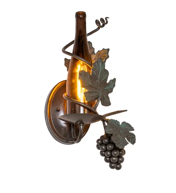 Every Meyda Tiffany item is a unique handcrafted work of art. Natural variations in the wide array of materials that we use to create each Meyda product make every item a masterpiece of its own. Photographs are a general representation of the product. Colors and designs will vary. Collection: Tuscan Vineyard Finish: Exterior Oil Rubbed Bronze Glass: Amber Wine Bottle Width: 12.00" Height: 17.50" Length: 7.50" Weight: 6.00 lb Number of Bulbs: 1 Maximum Wattage: 40.00 W Bulb Type: T6.5 Bulb Base: E17 Material: Steel Country of Origin: USA Safety Rating: Damp