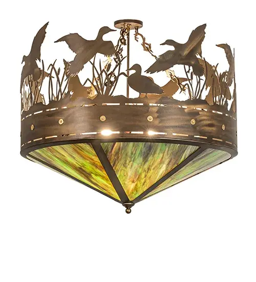 With a swoosh; a flock of Ducks climbs sunward; soaring in flight above the marsh reeds against the sun split sky and up toward the heavens. This ceiling fixture has a Green Blue and Brown Art Glass shade; diffusing soft ambient light. The decorative accents; hardware; and frame are finished in Antique Copper. The Ducks in Flight Semi Flush Mount is part of our American made; American designed; handcrafted Wildlife Lighting Collection. The fixtures are built in Yorkville New York and UL and cUL listed for dry and damp use. Upstate New York's adventurous playground; the Adirondack Mountains; with many forests; lakes; and rivers; is the spiritual birthplace of Meyda and inspires our rustic themed art glass collections. - alternate view