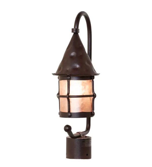 Influenced by cottages and rooftops of storybook characters... This stylized Lantern features a Gothic-styled; hand-hammered metal roof and a curved arm with a Silver Mica lens and hardware finished in Distressed Rust; creating an evocative impression. Perfect for both interior and exterior lighting applications; the fixture is ideal for illuminating posts and columns on decks; porches; and patios in outdoor residential; hospitality; and commercial locations. The Keebler Post Mount is included in our American-made; American-designed; handcrafted Gothic Lighting Collection and is manufactured in Yorkville; New York. The fixture is UL and cUL listed for use in dry; damp; and wet locations; however; mica is not suitable for many harsh outdoor locations and is only recommended in protected areas; as exposure to wind and elements may cause delamination.
