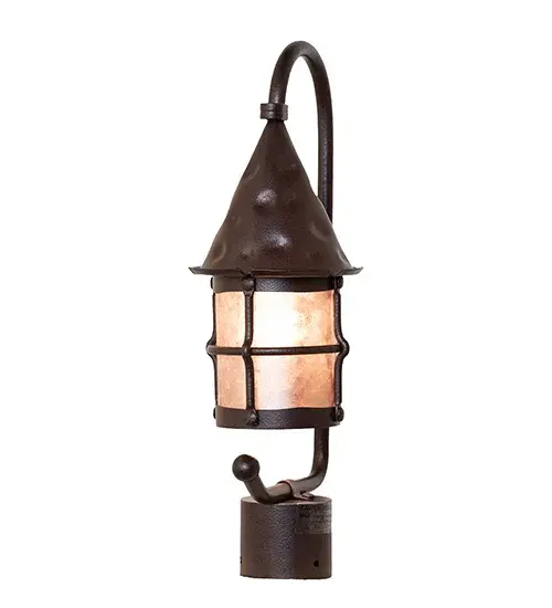Influenced by cottages and rooftops of storybook characters... This stylized Lantern features a Gothic-styled; hand-hammered metal roof and a curved arm with a Silver Mica lens and hardware finished in Distressed Rust; creating an evocative impression. Perfect for both interior and exterior lighting applications; the fixture is ideal for illuminating posts and columns on decks; porches; and patios in outdoor residential; hospitality; and commercial locations. The Keebler Post Mount is included in our American-made; American-designed; handcrafted Gothic Lighting Collection and is manufactured in Yorkville; New York. The fixture is UL and cUL listed for use in dry; damp; and wet locations; however; mica is not suitable for many harsh outdoor locations and is only recommended in protected areas; as exposure to wind and elements may cause delamination. - alternate view