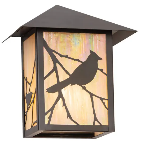Silhouettes of a Song Bird perched on branches accent this handsome Craftsman Signature lantern-style wall sconce. Handcrafted of Brass with exquisite beauty for both interior and outdoor lighting applications. This stunning lantern features a Beige Iridescent Glass lens that is enhanced with a Craftsman Brown finish. Align this wall sconce in groups on walls to illuminate corridors and facades in timber homes; modern farmhouses; and other spaces. Match this fixture with the Seneca Song Bird Left Wall Sconce; model 41857; to create a complete design statement. The Seneca Song Bird Wall Sconces are featured in our American-made; American-designed; handcrafted Craftsman Signature Series; which is manufactured in Yorkville; New York. UL and cUL listed for dry; damp; and wet locations. Our Build Your Own Craftsman Signature Series features unlimited combinations of styles. The collection is called Build Your Own because it is fully configurable and customizable from size and design to finish and lens color. Marine-grade; solid brass; or copper raw materials are utilized to ensure items from the Craftsman Signature Series of outdoor and indoor lighting will stand the test of time; as these premium metals are impervious to most types of oxidation. Hand-applied Patina finishes on brass and copper are sealed with a clear varnish and over time; may require gentle maintenance; such as wax; to delay or reverse the natural living finish attributes indicative of this finishing process. Patina finishes on brass and copper provide strong resistance to fading from sun exposure; will not chip or crack; and will not rust like a steel-framed item in the same conditions. Choose from many style options; or send us your concept today! Call today to learn how to use the configuration tool available on our website for an instant item number!