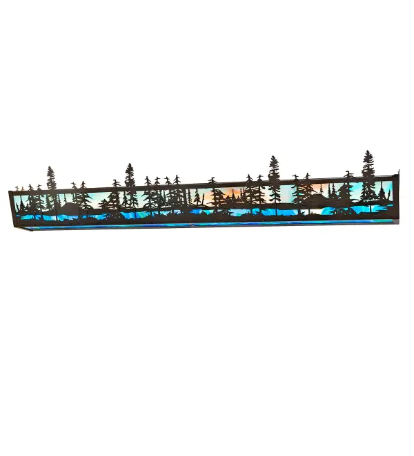 Every Meyda Tiffany item is a unique handcrafted work of art. Natural variations in the wide array of materials that we use to create each Meyda product make every item a masterpiece of its own. Photographs are a general representation of the product. Colors and designs will vary. Collection: Tall Pines Finish: Timeless Bronze Glass: Blue/Green Ripple & Purple/Blue Art Glass Width: 48.00" Height: 7.00" Length: 7.00" Weight: 16.00 lb Number of Bulbs: 8 Maximum Wattage: 60.00 W Bulb Type: A19 Bulb Base: E26 Material: Steel Country of Origin: USA Safety Rating: Damp