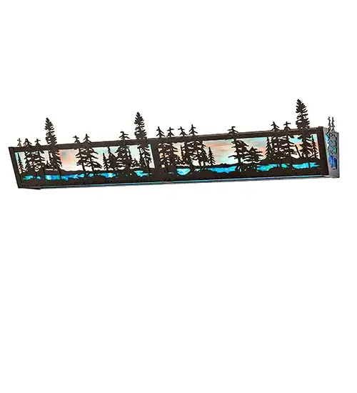 Above the Blue-Green art glass water's edge; with waves of shimmering light; a mesmerizing stand of grand Tall Pine trees overlooks as the warm; brilliant sun shines in the sunset sky; featuring a brilliant Purple-Blue-colored glass. The horizontal vanity wall fixture is complemented with decorative accents and a frame featured in a Timeless Bronze finish. Ideal for illuminating fine baths as a vanity light or as a wall sconce in a corridor. The Tall Pines Vanity Light is featured in our American-made; American-designed Nature Inspired Lighting Collection; which is manufactured in Yorkville; NY. UL and cUL listed for dry and damp locations. - alternate view