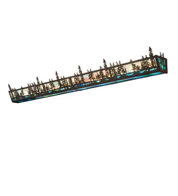 Above the Blue-Green Ripple Art Glass water's edge with waves of shimmering light, a mesmerizing stand of grand Tall Pine trees overlooks as the warm, brilliant sun shines in the sunset sky, featuring a brilliant Blurple Art Glass. The horizontal vanity wall fixture is complemented with decorative accents and a frame featured in a Timeless Bronze finish. The fixture is ideal for illuminating fine baths as a vanity light or as a wall sconce in a corridor. The Tall Pines Vanity Light is featured in our American-made, American- designed Nature Inspired Lighting Collection, which is manufactured in Yorkville, NY. UL and cUL listed for dry and damp locations. Collection: Tall Pines Finish: Timeless Bronze Glass: Blurple & Blue Green Ripple Art Glass Width: 72.00" Height: 7.00" Length: 7.00" Weight: 26.00 lb Number of Bulbs: 10 Maximum Wattage: 60.00 W Bulb Type: A19 Bulb Base: E26 Material: Steel Country of Origin: USA Safety Rating: Damp