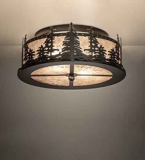 Mesmerizing Pine Tree and Pinecone silhouettes appear as the morning sun rises above the woodlands. This ceiling fixture features a Silver Mica lens with a matching bottom diffuser; enhanced with decorative accents and hardware in a Bronze finish. Ideal for illuminating dining spaces and hallways in residential and hospitality settings. The Tall Pines Flush Mount is part of our American-made; American-designed; handcrafted Nature Inspired Collection; manufactured in Yorkville; NY. UL and cUL listed for dry and damp locations.