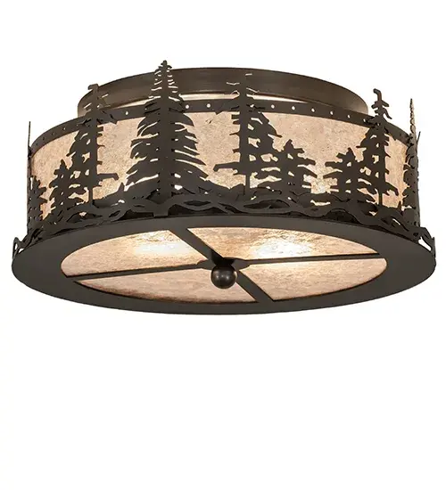 Mesmerizing Pine Tree and Pinecone silhouettes appear as the morning sun rises above the woodlands. This ceiling fixture features a Silver Mica lens with a matching bottom diffuser; enhanced with decorative accents and hardware in a Bronze finish. Ideal for illuminating dining spaces and hallways in residential and hospitality settings. The Tall Pines Flush Mount is part of our American-made; American-designed; handcrafted Nature Inspired Collection; manufactured in Yorkville; NY. UL and cUL listed for dry and damp locations. - alternate view