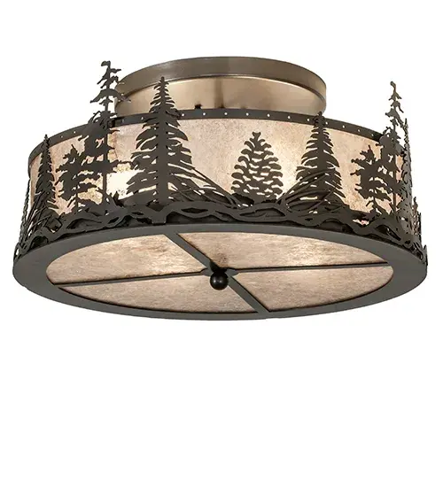Mesmerizing Pine Tree and Pinecone silhouettes appear as the morning sun rises above the woodlands. This ceiling fixture features a Silver Mica lens with a matching bottom diffuser; enhanced with decorative accents and hardware in a Bronze finish. Ideal for illuminating dining spaces and hallways in residential and hospitality settings. The Tall Pines Flush Mount is part of our American-made; American-designed; handcrafted Nature Inspired Collection; manufactured in Yorkville; NY. UL and cUL listed for dry and damp locations. - alternate view