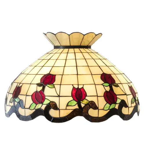 Grace your home with the elegant Roseborder shade. This exquisitely crowned shade features a gridwork of Beige art glass adorned with a Bark Brown border of swirling ribbons and perfect Red Rosebuds with Green Leaf accents. The art glass shade is made of hand cut glass using the famous Meyda Tiffany copperfoil construction process. The lovely shade can be paired with a base to create a stunning table or floor lamp or matched with hardware to create a beautiful ceiling fixture. Each shade is a unique work of art with color variations based on natural ingredients inherent in the glass. Contact us if color matching is critical when ordering multiple items. - alternate view