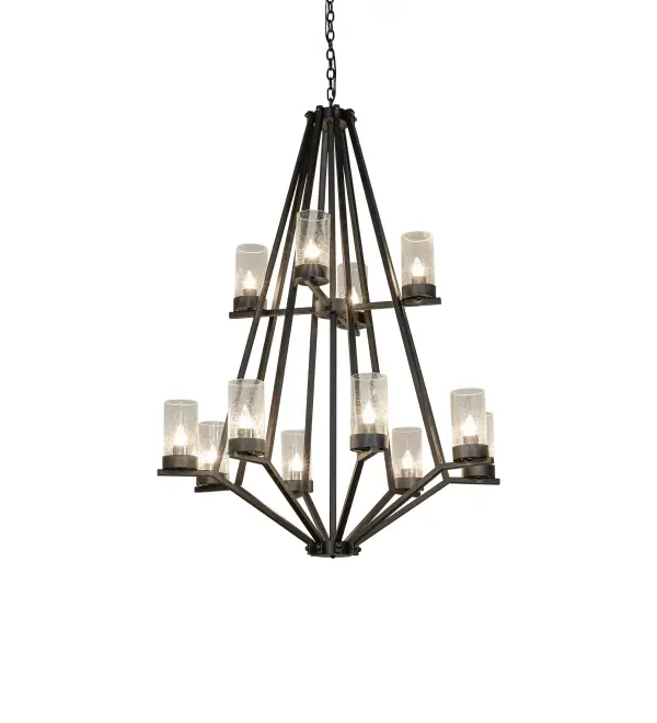 An architectural chandelier featuring 12 Clear Seeded Glass cylinders on bobeches. Finished in Chestnut. The overall height ranges from 63 to 254 inches with adjustable chain. Ideal for entryways and dining spaces. Included in our American-made; American-designed; handcrafted Transitional Lighting Collection and manufactured in Yorkville; New York. UL and cUL listed for dry and damp locations.