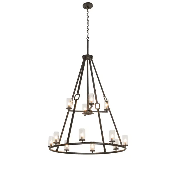 Loxley combines elegance with a distinguished look. Loxley is custom-crafted with 12 Clear Glass cylindres on a two-tiered chandelier. This chandelier features an Oil Rubbed Bronze finish and is ideal for illuminating lobbies; conference rooms; entryways; and other large residential; hospitality; and commercial spaces. The overall height ranges from 70 to 165 inches; as the chain length can be easily adjusted in the field. The Loxley Hugo 12 Light Chandelier is included in our American-made; American-designed; handcrafted Transitional Collection and is manufactured in Yorkville; NY. The fixture is UL and cUL listed for dry and damp locations. The Loxley Collection features various chandeliers; pendants; and wall sconces designed with sturdy rings accented with faux candlelights or cylindrical elements. Many of these fixtures make great statement pieces for large spaces and can be customized with your choice of size; finish; and lamping.