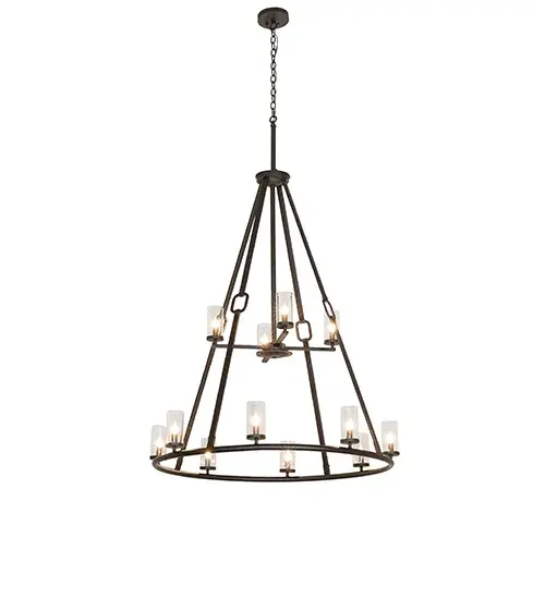 Loxley combines elegance with a distinguished look. Loxley is custom-crafted with 12 Clear Glass cylindres on a two-tiered chandelier. This chandelier features an Oil Rubbed Bronze finish and is ideal for illuminating lobbies; conference rooms; entryways; and other large residential; hospitality; and commercial spaces. The overall height ranges from 70 to 165 inches; as the chain length can be easily adjusted in the field. The Loxley Hugo 12 Light Chandelier is included in our American-made; American-designed; handcrafted Transitional Collection and is manufactured in Yorkville; NY. The fixture is UL and cUL listed for dry and damp locations. The Loxley Collection features various chandeliers; pendants; and wall sconces designed with sturdy rings accented with faux candlelights or cylindrical elements. Many of these fixtures make great statement pieces for large spaces and can be customized with your choice of size; finish; and lamping. - alternate view