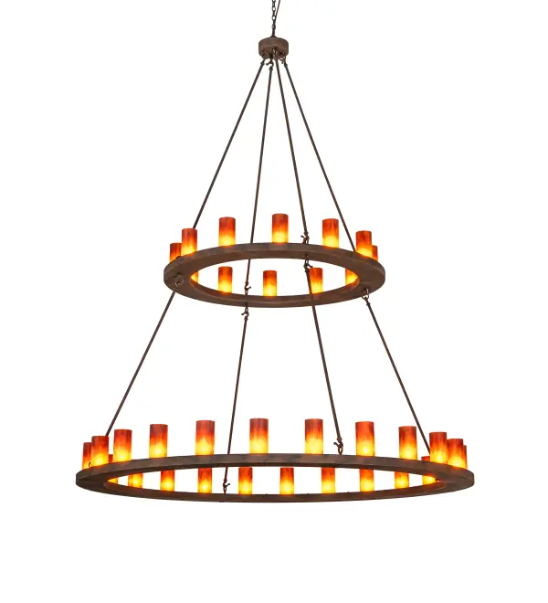 Blending an elegant style with a classic; distinguished look... This massive Loxley chandelier is custom-crafted with 36 Maduro Idalight Cylindre elements. These illuminating elements are perched on two sturdy rings; which are enhanced with a bold Distressed Chestnut finish. The luxurious custom fixture is ideal for illuminating ballrooms; dining areas; lobbies; entryways; and other residential; hospitality; and commercial spaces. The overall height ranges from 92 to 178 inches as the chain adjusts easily on location. The Loxley 36 Two Tier Chandelier is included in our American-made; American-designed; handcrafted Loxley Lighting Collection. This fixture is manufactured in Yorkville; New York; and is UL and cUL listed for dry and damp locations. The Loxley Collection features various chandeliers; pendants; and wall sconces designed with sturdy rings accented with faux candle lights or cylindrical elements. Many of these fixtures make great statement pieces for large spaces and can be customized with your choice of size; finish; and lamping.