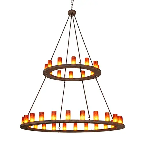Blending an elegant style with a classic; distinguished look... This massive Loxley chandelier is custom-crafted with 36 Maduro Idalight Cylindre elements. These illuminating elements are perched on two sturdy rings; which are enhanced with a bold Distressed Chestnut finish. The luxurious custom fixture is ideal for illuminating ballrooms; dining areas; lobbies; entryways; and other residential; hospitality; and commercial spaces. The overall height ranges from 92 to 178 inches as the chain adjusts easily on location. The Loxley 36 Two Tier Chandelier is included in our American-made; American-designed; handcrafted Loxley Lighting Collection. This fixture is manufactured in Yorkville; New York; and is UL and cUL listed for dry and damp locations. The Loxley Collection features various chandeliers; pendants; and wall sconces designed with sturdy rings accented with faux candle lights or cylindrical elements. Many of these fixtures make great statement pieces for large spaces and can be customized with your choice of size; finish; and lamping. - alternate view