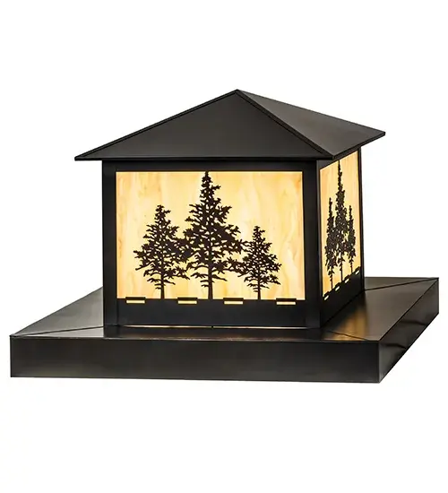 This stunning lighting fixture features three Tamarack trees that grow tall towards the brilliant beams of a sunlit sky. The handsome Travertine Idalight lens is complemented by a frame and hardware finished in Craftsman Brown. The fixture is ideal for placement on columns and posts on decks and patios in timber homes; modern farmhouses; and other spaces. The Tamarack Pier Mount is featured in our American-made; American-designed; handcrafted Nature-Inspired Lighting Collection. This fixture is manufactured in Yorkville; New York. UL and cUL listed for dry; damp; and wet locations. Upstate New York's adventurous playland; known as the Adirondack Mountains; with its many breathtaking forests; lakes; and rivers; is the spiritual birthplace of Meyda and inspires our rustic-themed collections. - alternate view