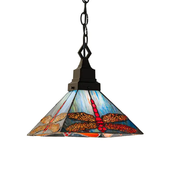 Scarlet dragonflies with ruby eyes dive against an Aurora Midnight sky. Each piece of stained glass is hand cut and copper foiled in the Meyda Tiffany tradition. The Mission style square shade is supported by Mahogany Bronze hardware. Ideal for hallways, small tables, sinks, or grouped over islands. The overall height ranges from 17 to 124 inches with adjustable chain. Included in our American-designed, handcrafted Prairie Lighting Collection. UL and cUL listed for dry and damp locations. Collection: Prairie Dragonfly Finish: Mahogany Bronze Glass: Stained Glass Width: 14.00" Height: 17.00" Length: 10.00" Weight: 4.00 lb Number of Bulbs: 1 Maximum Wattage: 60.00 W Bulb Type: A19 Bulb Base: E26 Material: Steel Country of Origin: CHINA Safety Rating: Damp