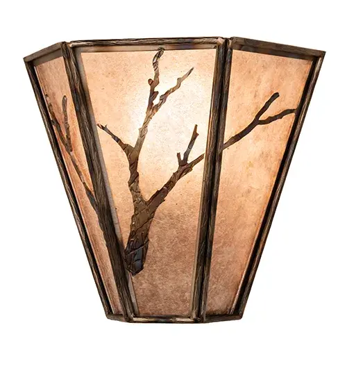 Every Meyda Tiffany item is a unique handcrafted work of art. Natural variations in the wide array of materials that we use to create each Meyda product make every item a masterpiece of its own. Photographs are a general representation of the product. Colors and designs will vary. Collection: Branches Finish: Dark Burnished Gunmetal Glass: Silver Mica Width: 14.00" Height: 12.50" Length: 6.50" Weight: 5.50 lb Number of Bulbs: 1 Maximum Wattage: 60.00 W Bulb Type: A19 Bulb Base: E26 Material: Steel Country of Origin: USA Safety Rating: Damp - alternate view
