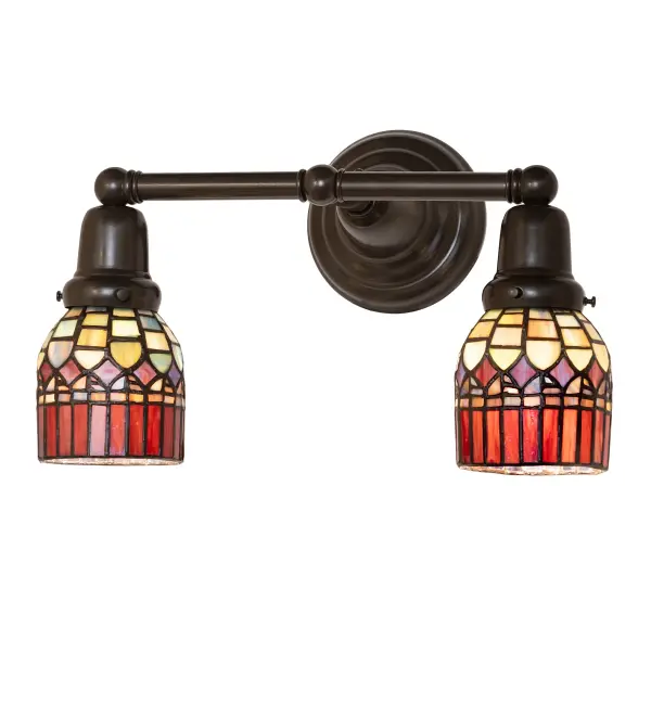 Elegant and distinctive; this Tiffany Candice wall sconce features an Amber Plum glass fringe surrounding the domed brickwork of Emerald; Cobalt; and Ruby; with Purple diamond-shaped accents that evoke the look of woven fabric. The sconce is ideal for placement on walls to illuminate hallways and entryways or used as a vanity light in a fine bath. The two stained glass shades are created using the famous Meyda copper foil construction and are paired with hardware in a Timeless Bronze finish. The Tiffany Candice 2 Light Wall Sconce is included in our American-designed; handcrafted Tiffany Reproduction Lighting Collection. Each shade is a unique work of art with color variations based on natural ingredients inherent in the glass.