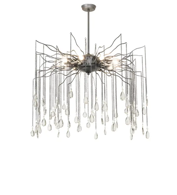 Inspired by a bioluminescent jellyfish... The Aranha chandelier suspends dozens of Crystal Droplets from chains embraced by the hub. Like multiple sets of eyes; eight exposed lamps deliver beautiful ambient illumination from this centerpiece. The elaborate frame and hardware are finished in Pewter. The fixture is ideal for placement in entryways and above tables in residential; hospitality; and commercial spaces. The Aranha Chandelier is featured in our American-made; American-designed handcrafted Crystal Lighting Collection. The chandelier is manufactured in Yorkville; New York. It is UL and cUL listed for dry and damp locations.