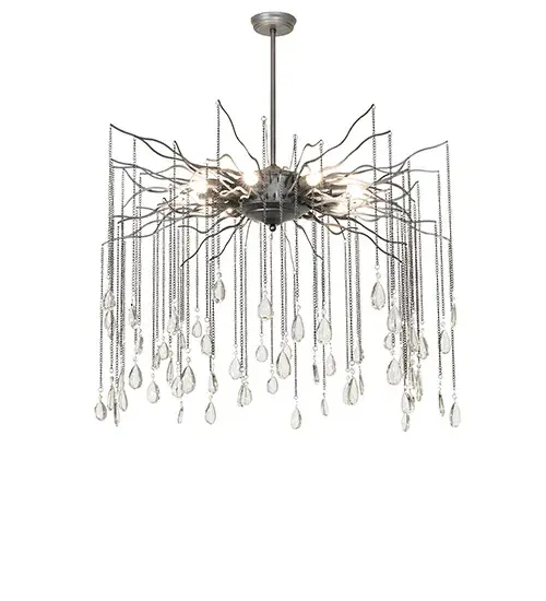 Inspired by a bioluminescent jellyfish... The Aranha chandelier suspends dozens of Crystal Droplets from chains embraced by the hub. Like multiple sets of eyes; eight exposed lamps deliver beautiful ambient illumination from this centerpiece. The elaborate frame and hardware are finished in Pewter. The fixture is ideal for placement in entryways and above tables in residential; hospitality; and commercial spaces. The Aranha Chandelier is featured in our American-made; American-designed handcrafted Crystal Lighting Collection. The chandelier is manufactured in Yorkville; New York. It is UL and cUL listed for dry and damp locations. - alternate view