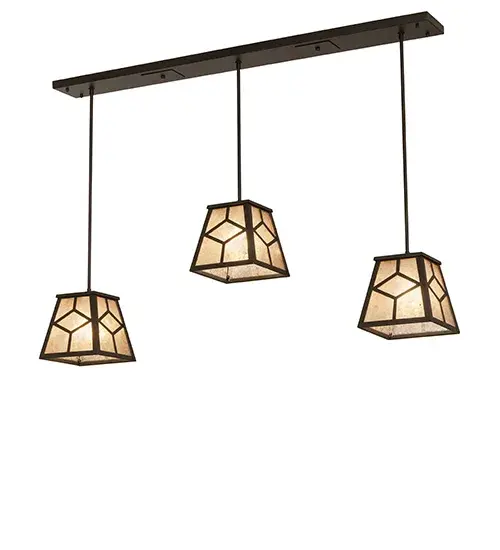 Three Silver Mica shades feature a dramatic diamond design and are paired with an Oil Rubbed Bronze frame and hardware. Ideal for islands; counters; tables; and bars. Handcrafted in our Yorkville; New York manufacturing facility. Custom sizes; styles; and colors available. Dimmable energy efficient lamping options offered. UL and cUL listed for dry and damp locations. - alternate view