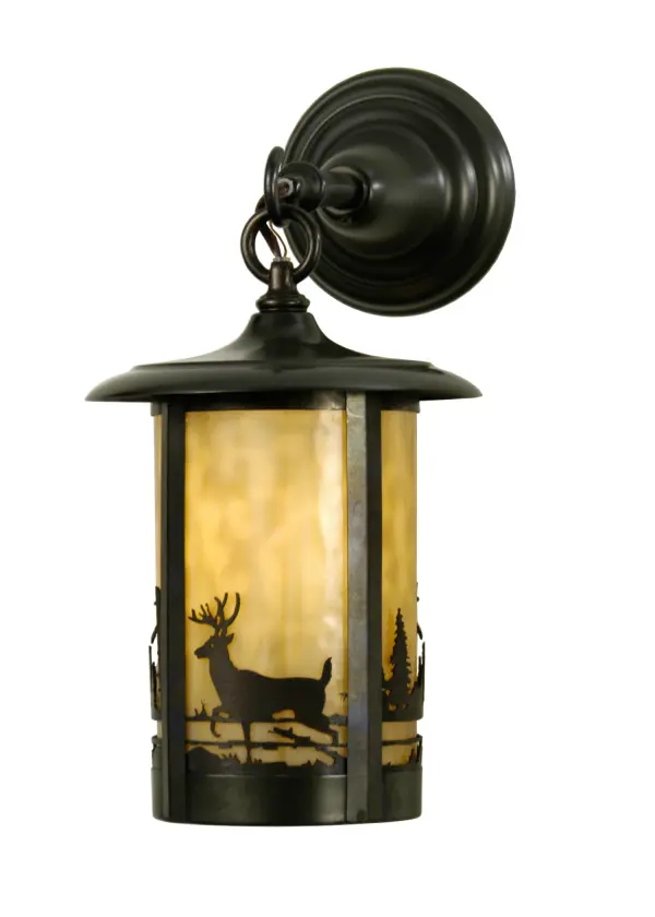 A Deer in the woods accents this handsome nature inspired lantern style wall sconce. The fixture; handcrafted in the USA by Meyda artisans; is finished in Craftsman Brown and has Beige glass panels.
