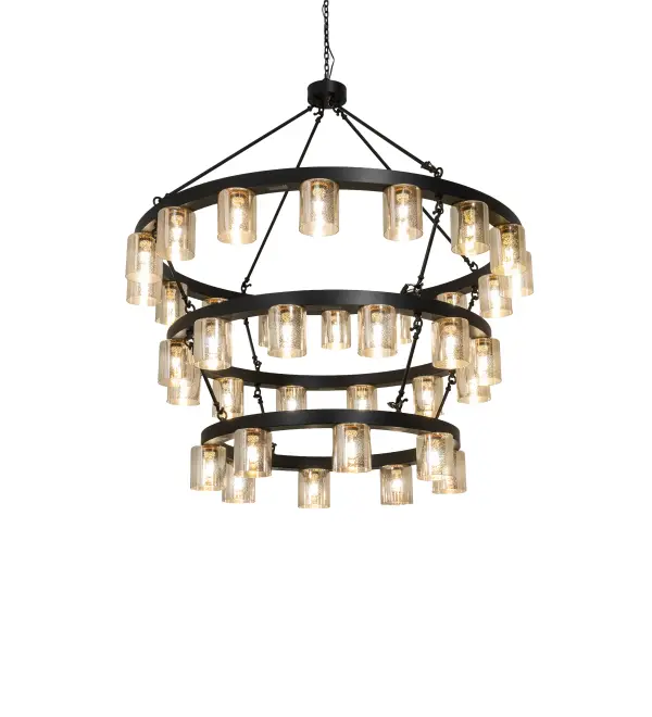 Loxley combines elegance with a distinguished look. Loxley is custom-crafted with 36 Mercury Glass inverted cylindres on a three-tiered chandelier. This grand-scale chandelier features a Black Satin Wrought Iron finish and is ideal for illuminating lobbies; conference rooms; entryways; and other large residential; hospitality; and commercial spaces. The overall height ranges from 67 to 95 inches; as the chain length can be easily adjusted in the field. The Loxley Horizon Ring Chandelier is included in our American-made; American-designed handcrafted Transitional Collection and manufactured in Yorkville; NY. The fixture is UL and cUL listed for dry and damp locations. The Loxley Collection features various chandeliers; pendants; and wall sconces designed with sturdy rings accented with faux candlelights or cylindrical elements. Many of these fixtures make great statement pieces for large spaces and can be customized with your choice of size; finish; and lamping.