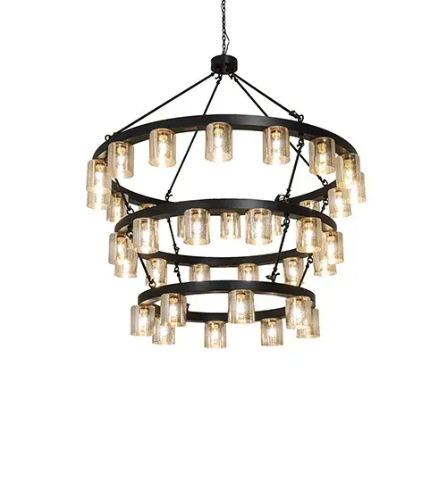 Loxley combines elegance with a distinguished look. Loxley is custom-crafted with 36 Mercury Glass inverted cylindres on a three-tiered chandelier. This grand-scale chandelier features a Black Satin Wrought Iron finish and is ideal for illuminating lobbies; conference rooms; entryways; and other large residential; hospitality; and commercial spaces. The overall height ranges from 67 to 95 inches; as the chain length can be easily adjusted in the field. The Loxley Horizon Ring Chandelier is included in our American-made; American-designed handcrafted Transitional Collection and manufactured in Yorkville; NY. The fixture is UL and cUL listed for dry and damp locations. The Loxley Collection features various chandeliers; pendants; and wall sconces designed with sturdy rings accented with faux candlelights or cylindrical elements. Many of these fixtures make great statement pieces for large spaces and can be customized with your choice of size; finish; and lamping. - alternate view