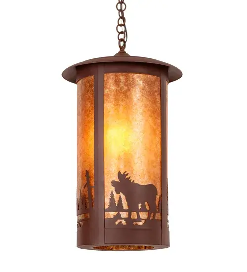 A Northwoods Moose is depicted on this handsome American Craftsman lantern style pendant. The fixture; handcrafted in the USA by Meyda artissans; is finished in Rust and has Amber mica panels. - alternate view